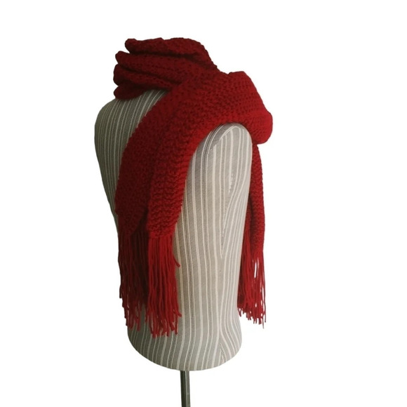 Handmade Knitted Scarf/Shawl/Wrap Wine Red Soft Yarn Fringe - Picture 4 of 4